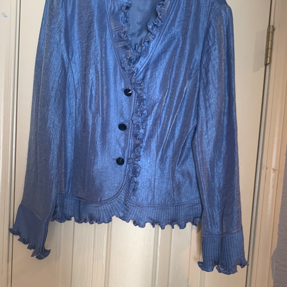 Adrianna Papell Shimmery Periwinkle Ruffle V-Neck Jacket